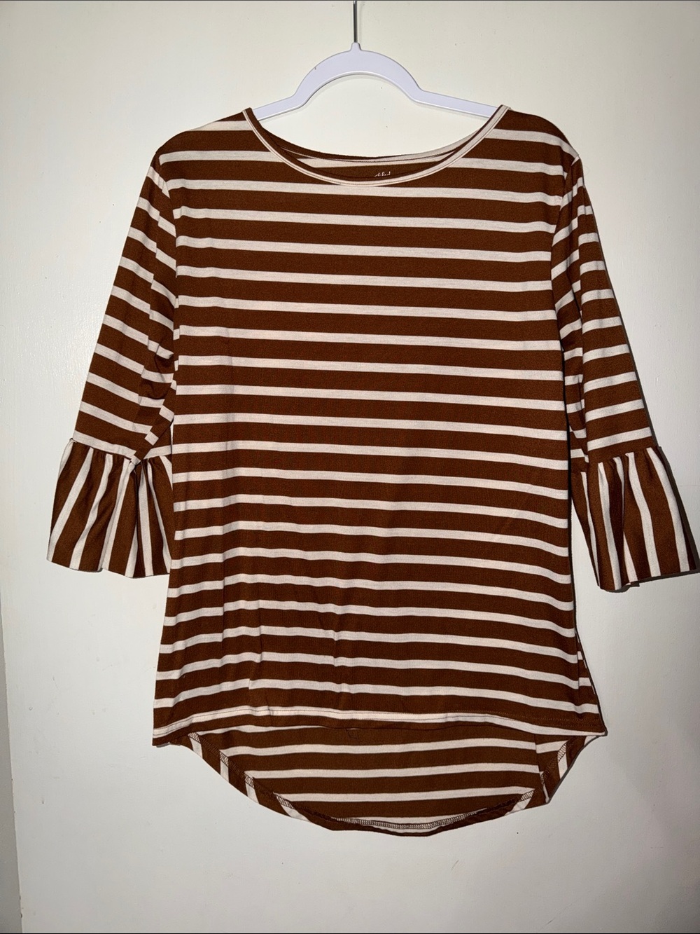 Tickled Teal Striped Brown & Cream Bell-Sleeve Women's Top